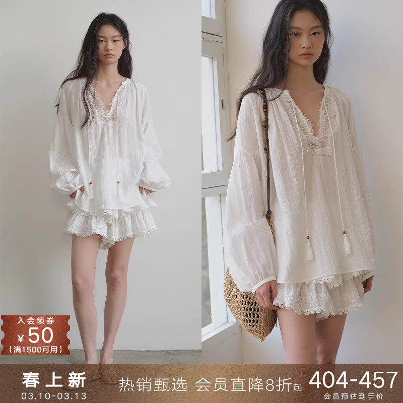 popchrio◆v领蕾丝拼接泡泡长袖衬衫白色衬衣a字蛋糕蓬蓬裙裤套装