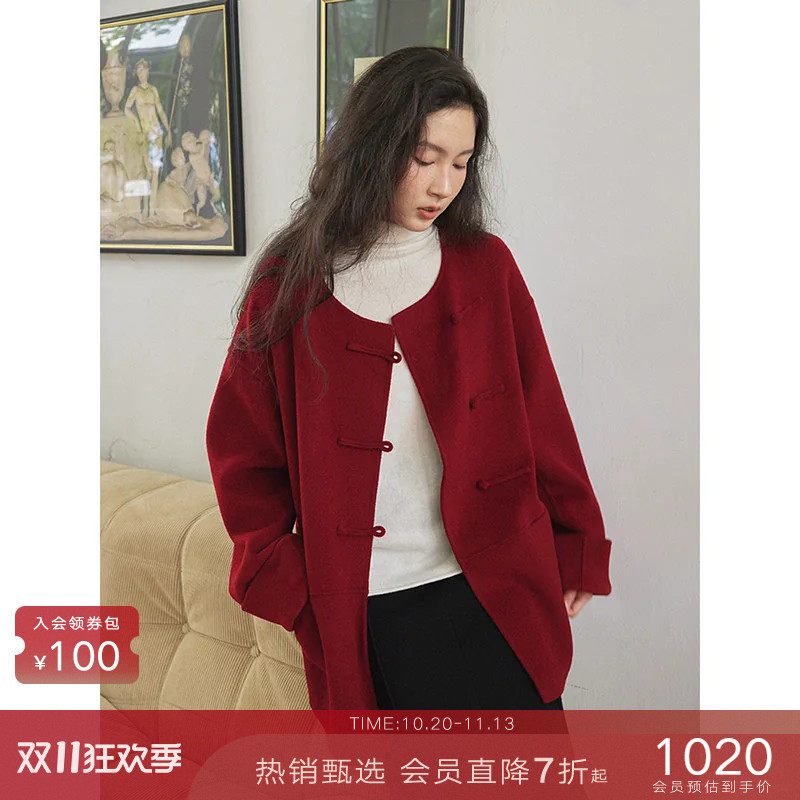 popchrio◆80支羊毛新中式双面呢大衣短款无羊绒毛呢小个子外套女