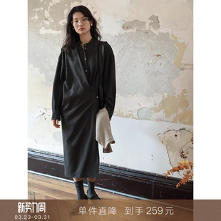 收腰宽松显瘦连衣裙中长款 复古绒面斜襟高级感长袖 到手259元