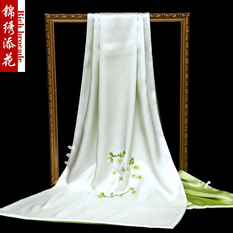 重磅真丝刺绣围巾女长款手工苏绣绣花双层桑蚕丝围巾披肩两用礼品