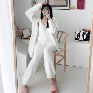 ins软绵绵睡衣女秋冬三件套保暖加厚开衫毛线针织家居服甜美日系