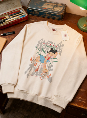 谢先绅国潮卫衣男女复古中性风哪吒闹海印花80年代怀旧圆领套头衫