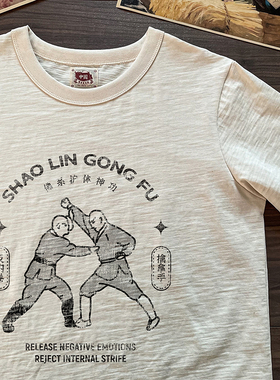 谢先绅 夏季国潮复古趣味插画佛系护体神功做旧老胚棉纯棉T恤短袖