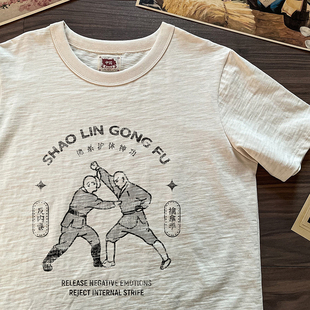 国潮复古趣味插画佛系护体神功做旧老胚棉纯棉T恤短袖 谢先绅 夏季