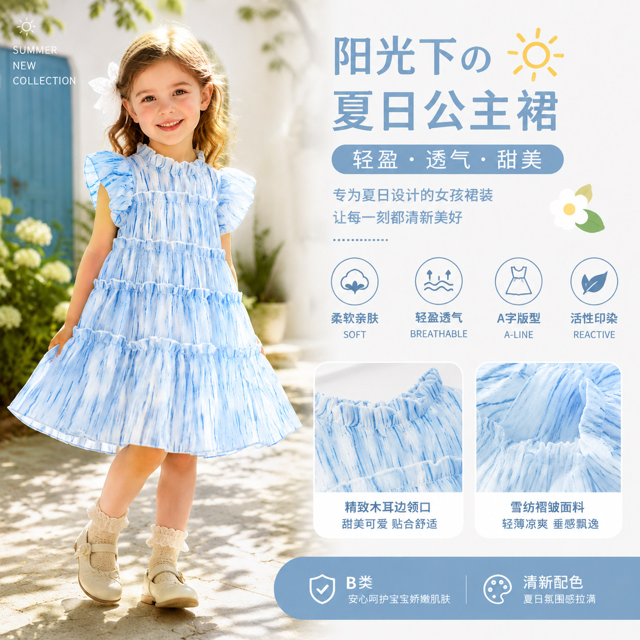 女童夏季蓝色晕染蛋糕裙多层荷叶边小飞袖雪纺连衣裙宝宝公主裙