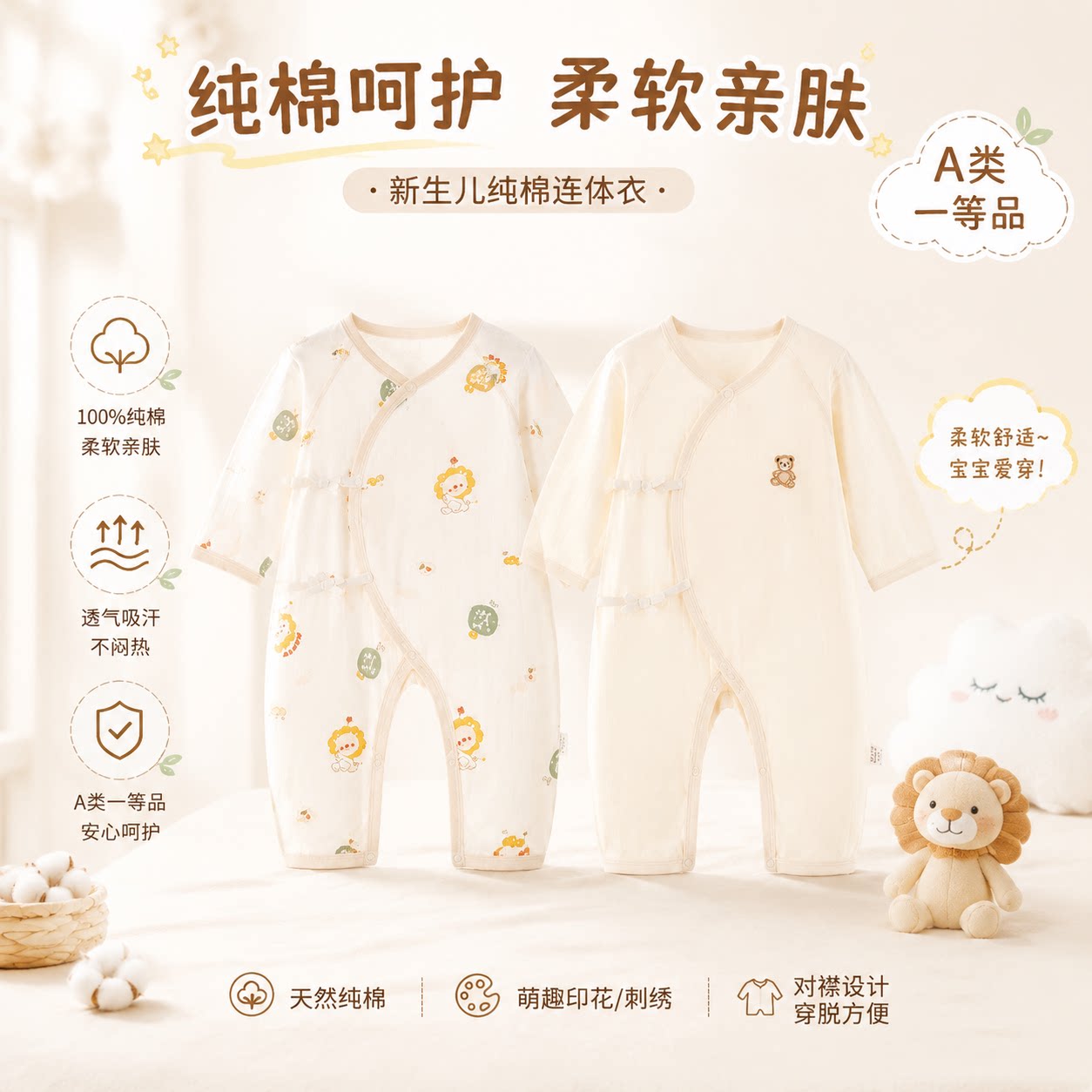 新生婴儿连体衣纯棉无骨a类刚出生宝宝哈衣夏季薄款0-6个月宝宝