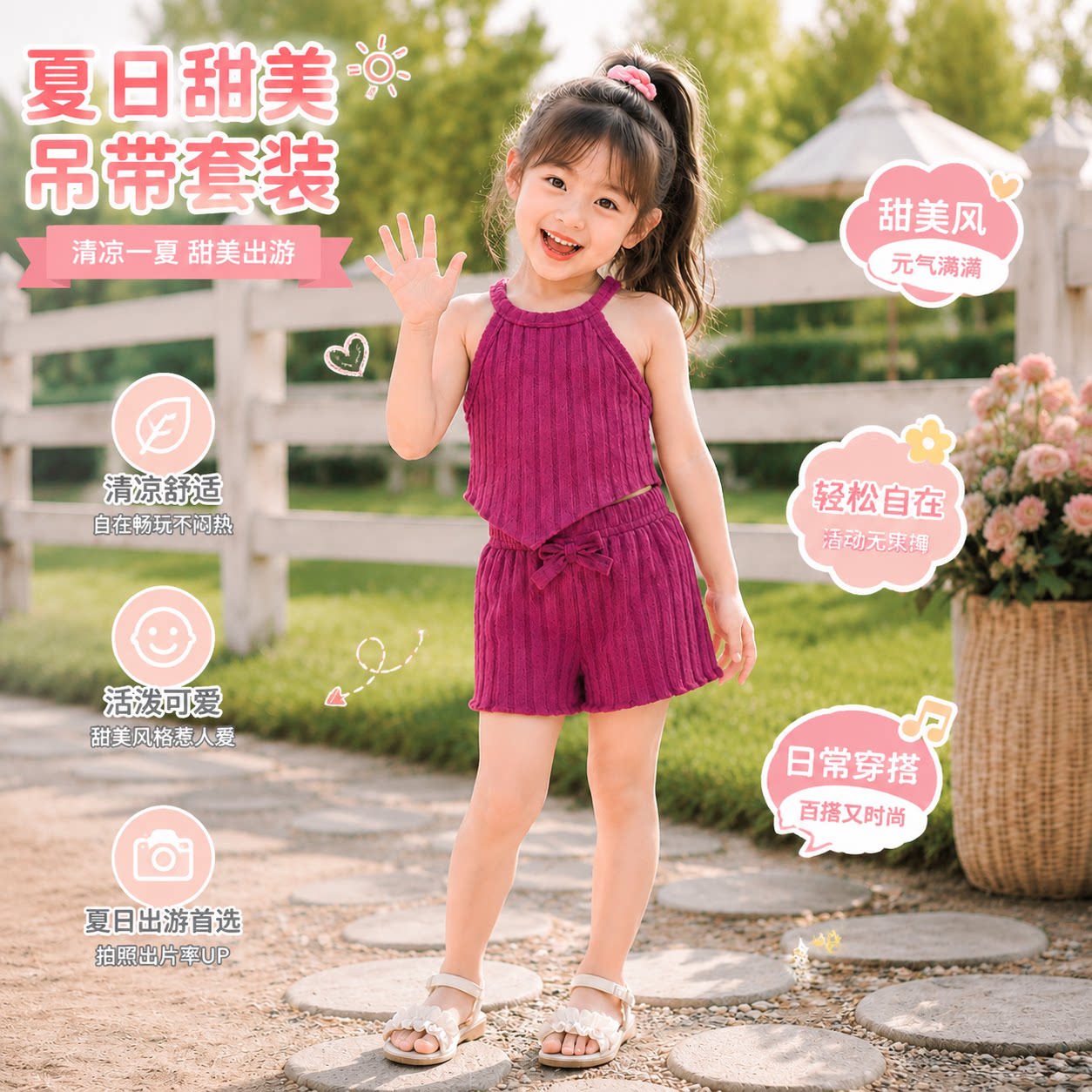 儿童套装夏装无袖新款时髦洋气宝宝吊带上衣儿童上衣裤子背心公主