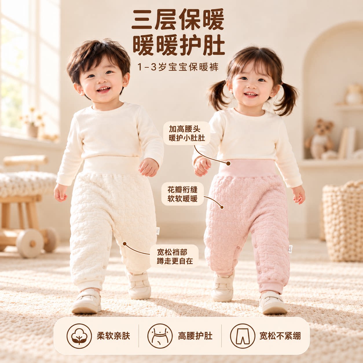 婴儿裤子保暖纯棉A类无骨秋冬季加厚儿童高腰护肚外穿按扣衣服
