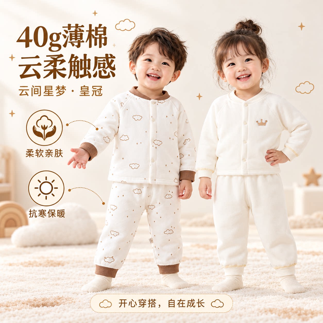 婴儿分体套装保暖秋冬季男女宝宝A类外套裤子儿童高腰棉袄护肚