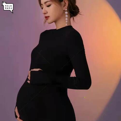 新款孕妇摄影服装黑色显瘦时尚针织孕妈大肚裙修身艺术照写真服装