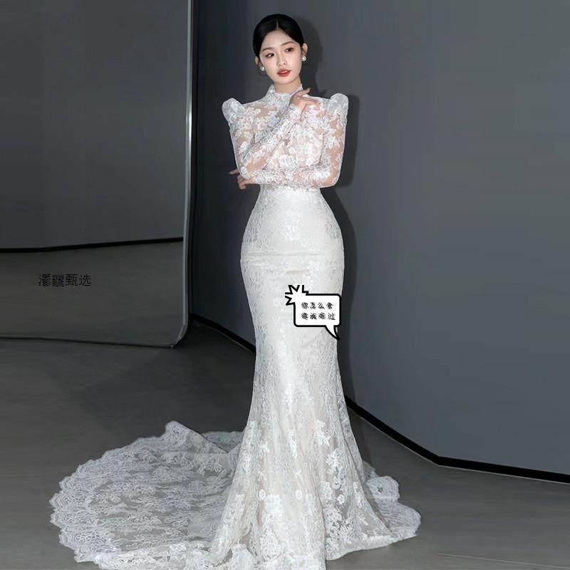 蕾丝长袖婚纱主纱新娘2024新款高端轻奢小众鱼尾法式赫本风晚礼服
