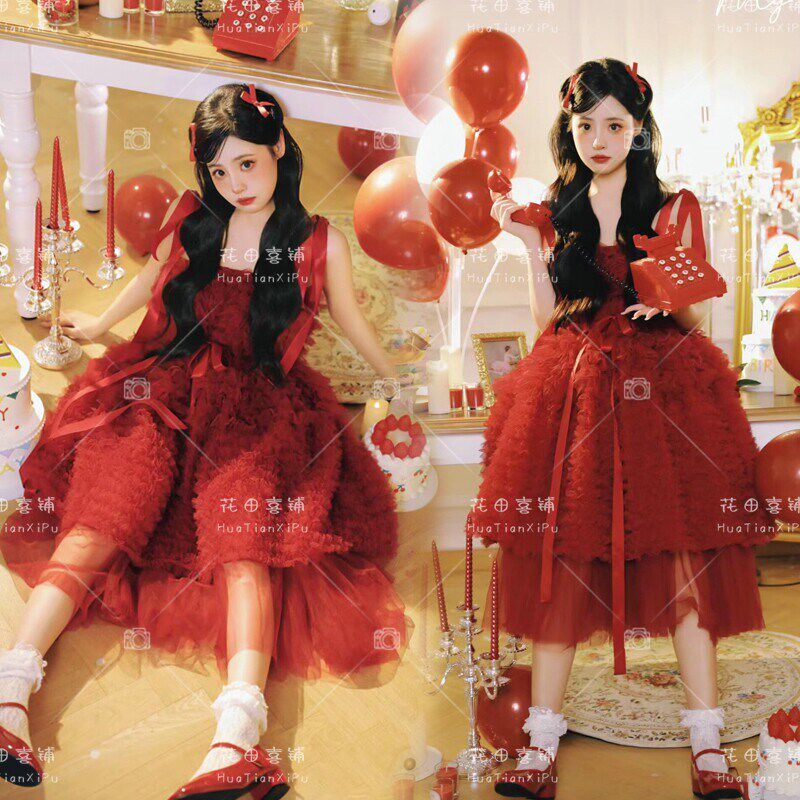 新款派对生日画报风写真红色婚纱礼服个性仙女甜美艺术照摄影服装