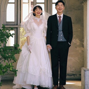 影楼主题婚纱明星同款简约塔夫绸拖尾抹胸前短后长旅拍纱主婚纱海