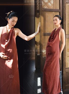影楼新款孕妇主题新中式风挂脖连衣裙女红色孕妈咪大肚照影楼服装
