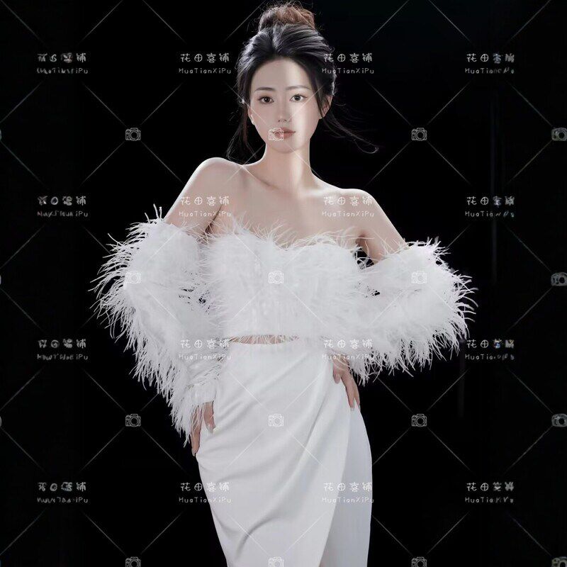 照相馆拍照服装财阀千金奢华羽毛两件式一字肩礼服个人写真艺术照