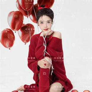 影楼写真服装女红色新款圣诞主题写真服装秋冬毛衣雪景拍照摄影服