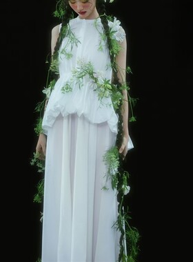 影楼新款小众白色无袖花朵写真长裙套装女艺术感仙气氛围感摄影服