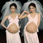 唯美小清新一字肩针织孕妈大肚照在家拍女 时尚 新款 影楼孕妇照服装