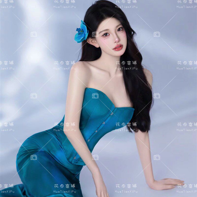 新款照相馆主题炫迈同款纯欲风少女写真孔雀蓝清冷感艺术照拍照服