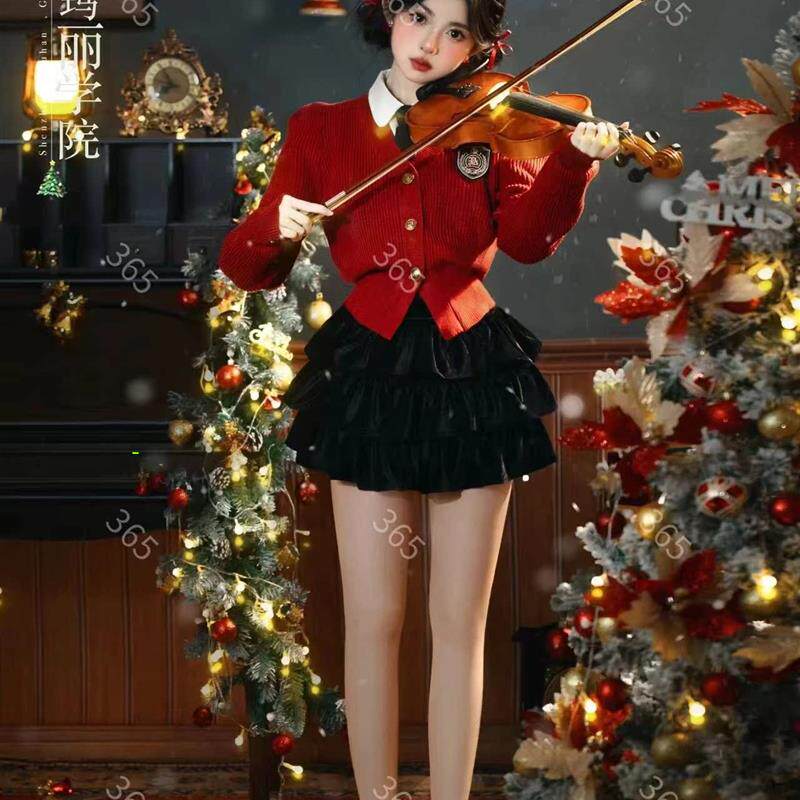 秋冬新款圣诞主题写真服装红色毛衣冬季雪景少女学院风摄影艺术照