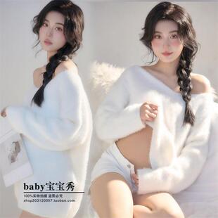 孕妇影楼新款 复古油画高级感白色两件套孕妈咪拍照摄影服写真 法式