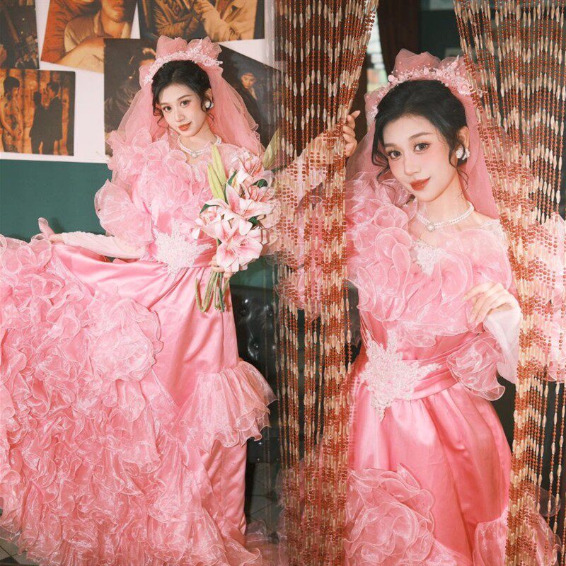 2026新款影楼主题80年代vintage复古港风怀旧粉色古董旅拍摄影服