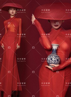 新款红色法式复古风肖像写真服装时尚个性女子形象照艺术照摄影服