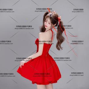 影楼新年新款韩系俏皮可爱纯欲红色连衣裙肖像艺术照拍照写真服装