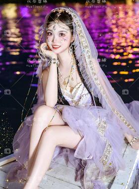 影楼新款蓝色高级感吊带裙肖像写真服装简约气质拍照主题摄影服饰