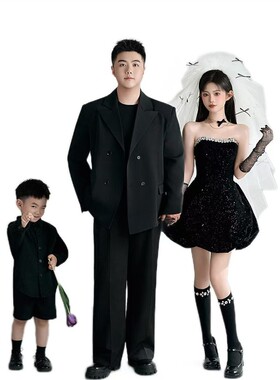 影楼新款全家福一家三口简约黑色系主题亲子家庭装影楼拍照写真服