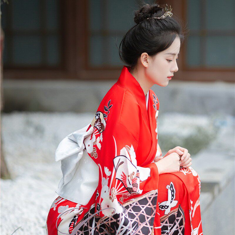 和服女改良正装传统中国风日式和风浴衣文艺红色大气振袖和服夏季图片