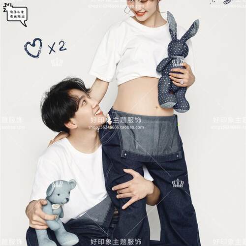 影楼新款孕妇照服装情侣写真服饰牛仔背带裤夫妻小清新大肚妈咪照