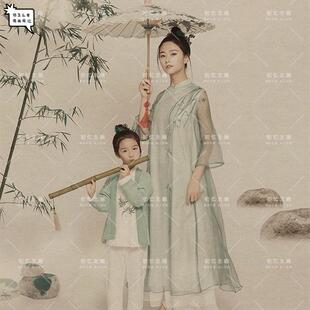 母女内景写真中国风工笔画绿色复古汉服套装 新款 影楼亲子主题服装