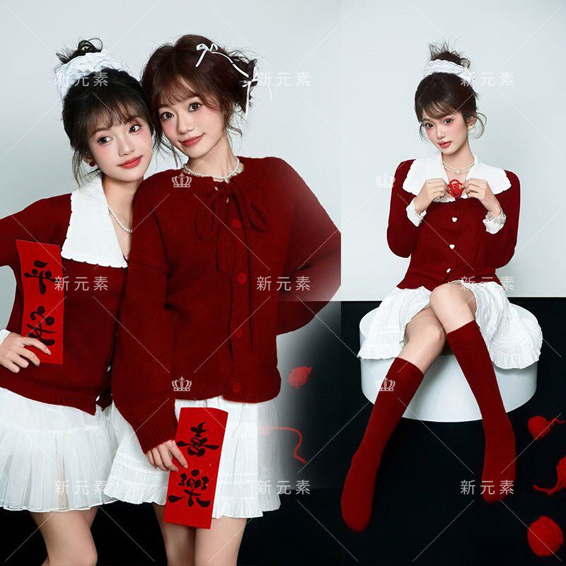 秋冬影楼新款红色毛衣少女韩系复古高级感闺蜜艺术照新年写真服装