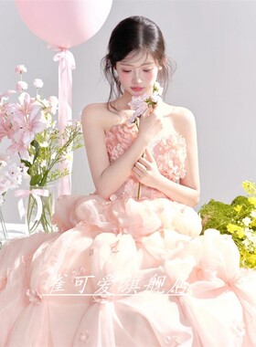 照相馆拍照主题服装粉色高定拖尾少女花神写真蛋糕裙抹胸婚纱彩纱
