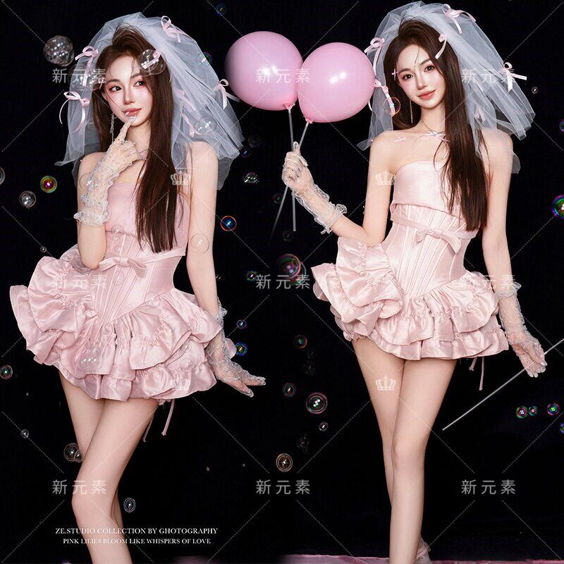 影楼韩系画报风甜美公主风生日照片粉色蛋糕裙礼服拍照写真艺术照