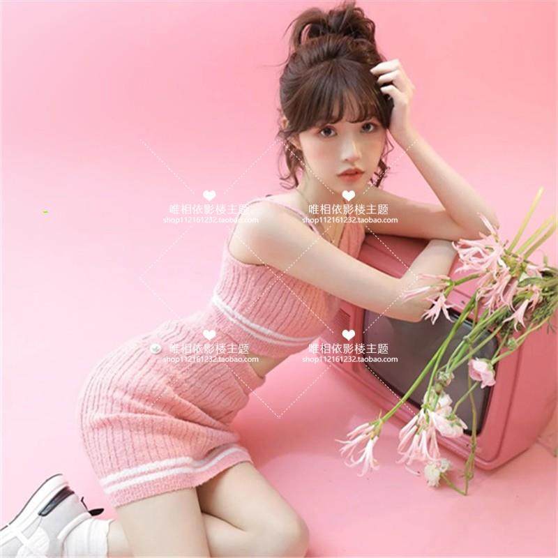 夏季新款影楼主题纯欲性感甜辣风针织吊带套装个人艺术照写真服装