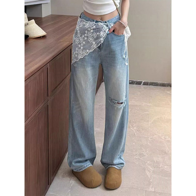 8031#蓝色烫钻破洞直筒牛仔裤女大码胖mm小个子高腰显瘦阔腿裤