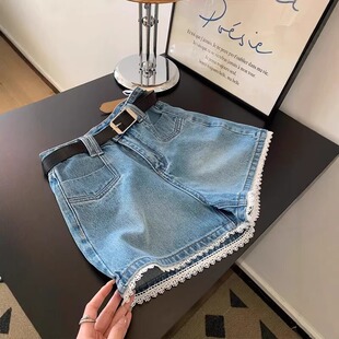 a字阔腿热裤 7255 薄款 女2025夏季 蕾丝花边牛仔短裤