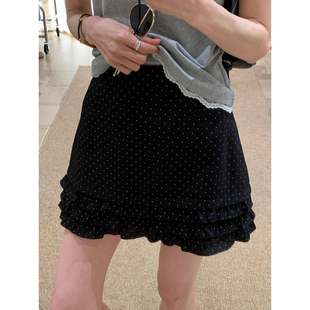 胖mm遮胯显瘦气质a字短裙 大码 3128 黑色波点木耳边半身裙女夏新款