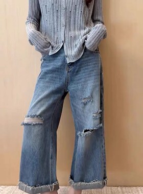 8167#41蓝色破洞牛仔裤女秋季新款直筒大码高腰显瘦设计感阔腿裤