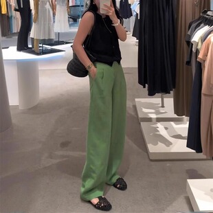 胖mm高腰显瘦拖地阔腿裤 2666 果绿色亚麻女大码 新款 2025夏季