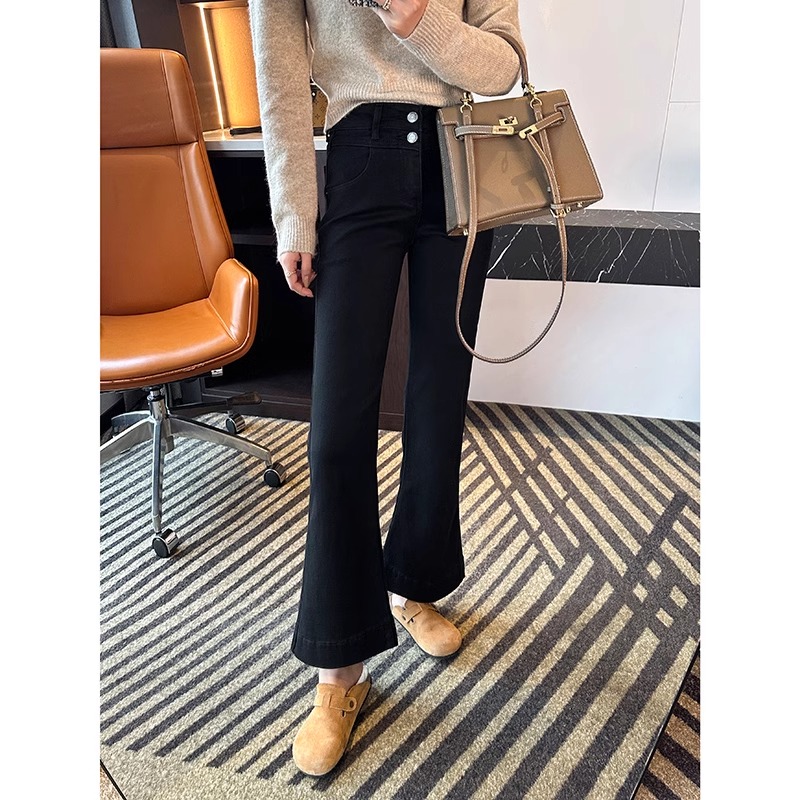 5695#48蓝色#45黑色复古微喇牛仔裤女春季大码弹力显瘦九分喇叭裤