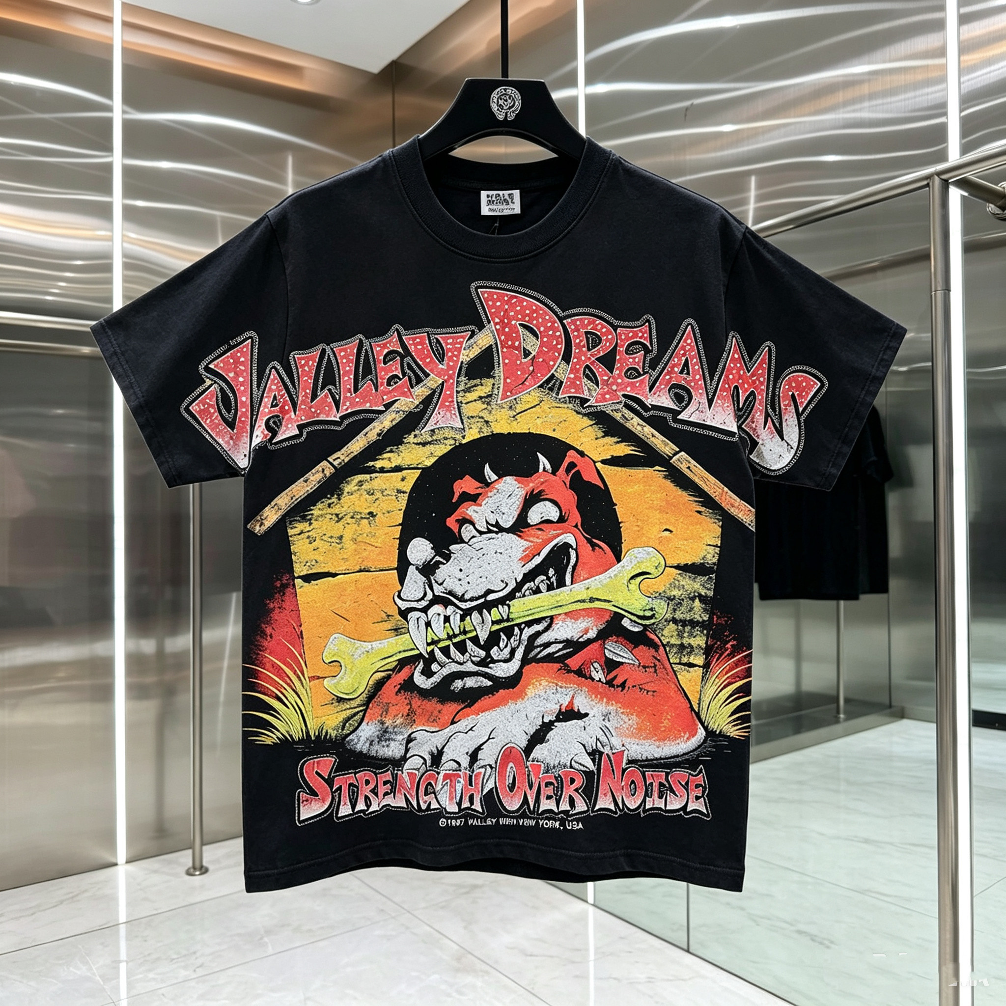 ValeForever 美式复古恶犬啃骨头做旧烫钻印花水洗短袖重磅T恤男