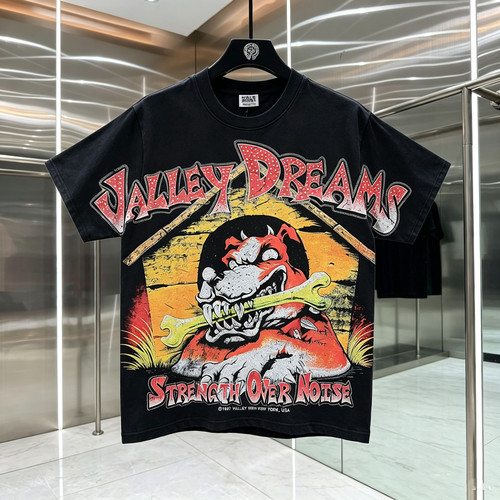 ValeForever 美式复古恶犬啃骨头做旧烫钻印花水洗短袖重磅T恤男