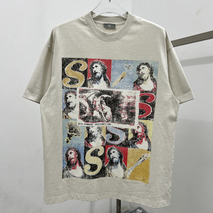SaintMichael复古做旧VTG半袖夏季街头男女炫彩印花纯棉短袖T恤男
