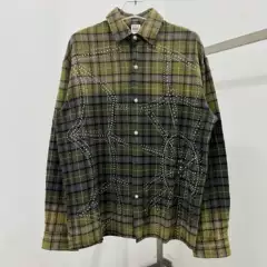 Valeforever American Retro Hot-Drilled Gradient Plaid Shirt for Men and Women Loose Long-Sleeved Cotton Shirt for Spring & Fall