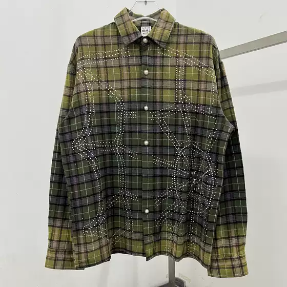 Valeforever American Retro Hot-Drilled Gradient Plaid Shirt for Men and Women Loose Long-Sleeved Cotton Shirt for Spring & Fall