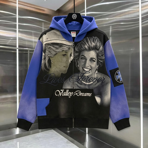Valley Dreams戴安娜王妃人像连帽卫衣男女做旧拼接刺绣开衫外套