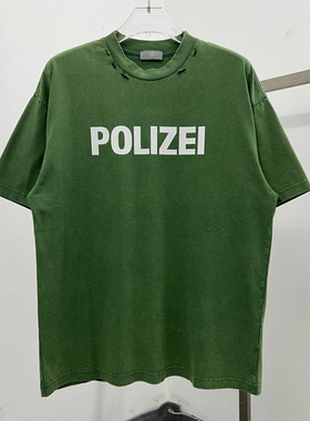 VTM夏季潮牌Vintage碎裂字母POLIZEI印花男女宽松破坏复古短袖T恤